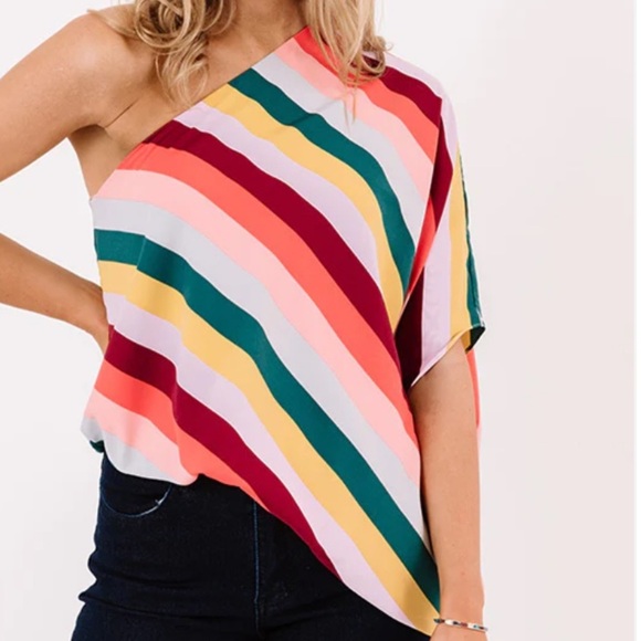Impressions Tops - Impressions Vibrant Striped One-Shoulder Blouse
